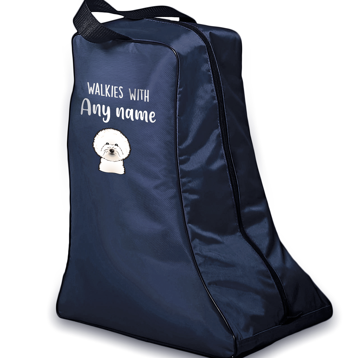 Navy Walkies with Any Dog Breed Personalised with Name Welly Boot Bag