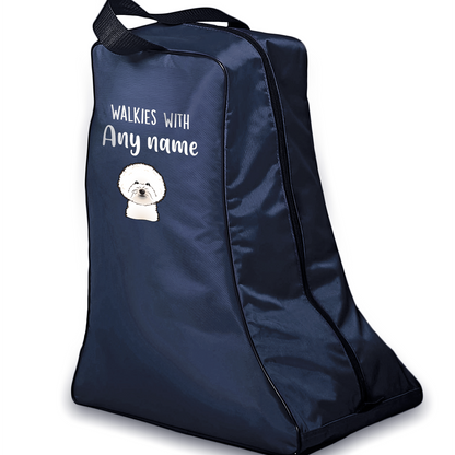 Navy Walkies with Any Dog Breed Personalised with Name Welly Boot Bag