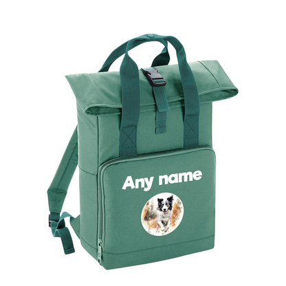 Sage Green Any Breed Running Woodland Dog with Personalised Name Backpack