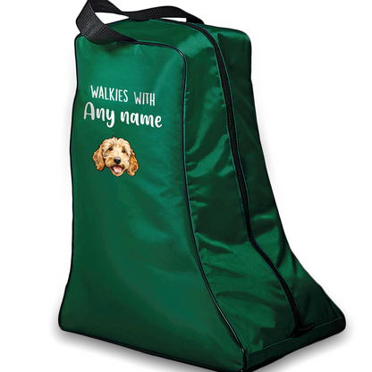 Green Walkies with Any Dog Breed Personalised with Name Welly Boot Bag