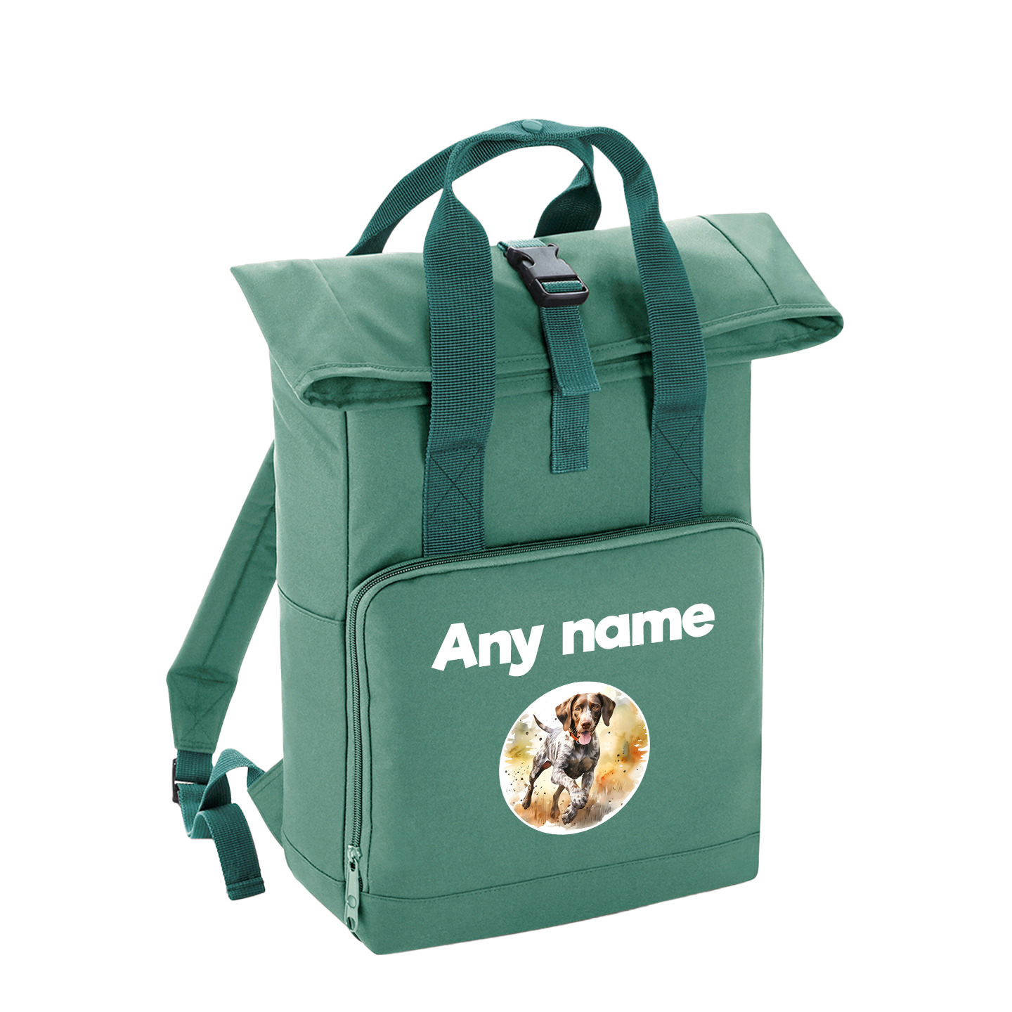 Sage Green Any Breed Running Woodland Dog with Personalised Name Backpack