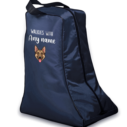 Navy Walkies with Any Dog Breed Personalised with Name Welly Boot Bag