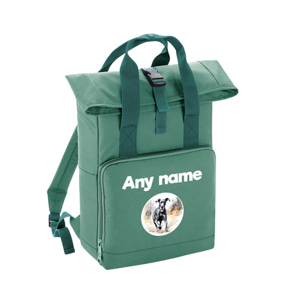 Sage Green Any Breed Running Woodland Dog with Personalised Name Backpack