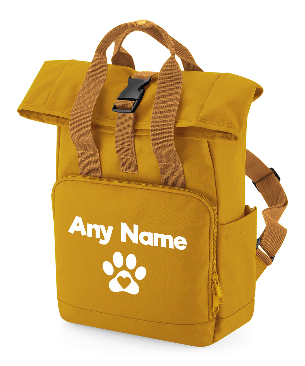 Travel Size Mustard Heart & Paw Backpack With Any Name Or Wording