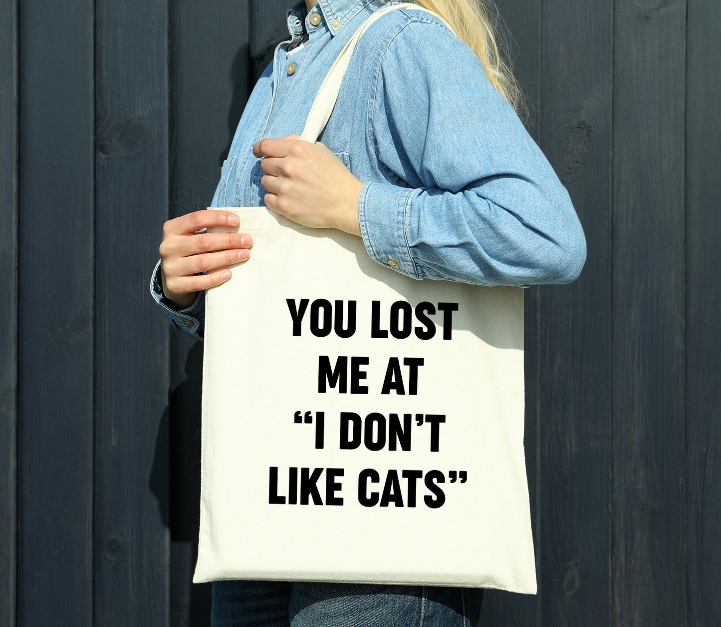 You Lost Me At "I Don't Like Cats" Reusable Cotton Shopping Bag Tote with Long Handles