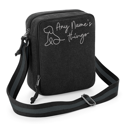 Doodle Dog Vintage Style Black & Grey Crossbody Walking Bag - Any Wording Added