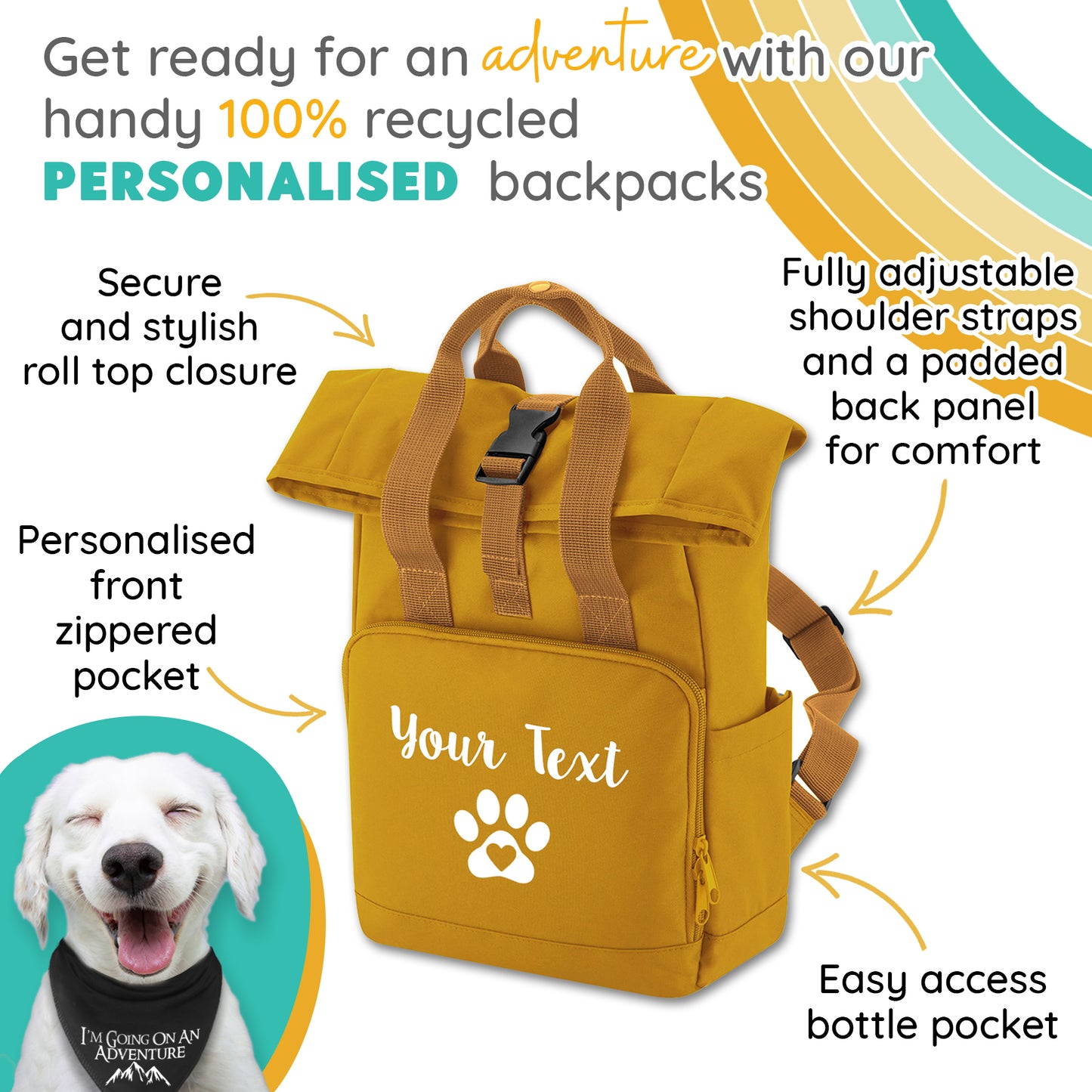 Travel Size Mustard Heart & Paw Backpack With Any Name Or Wording