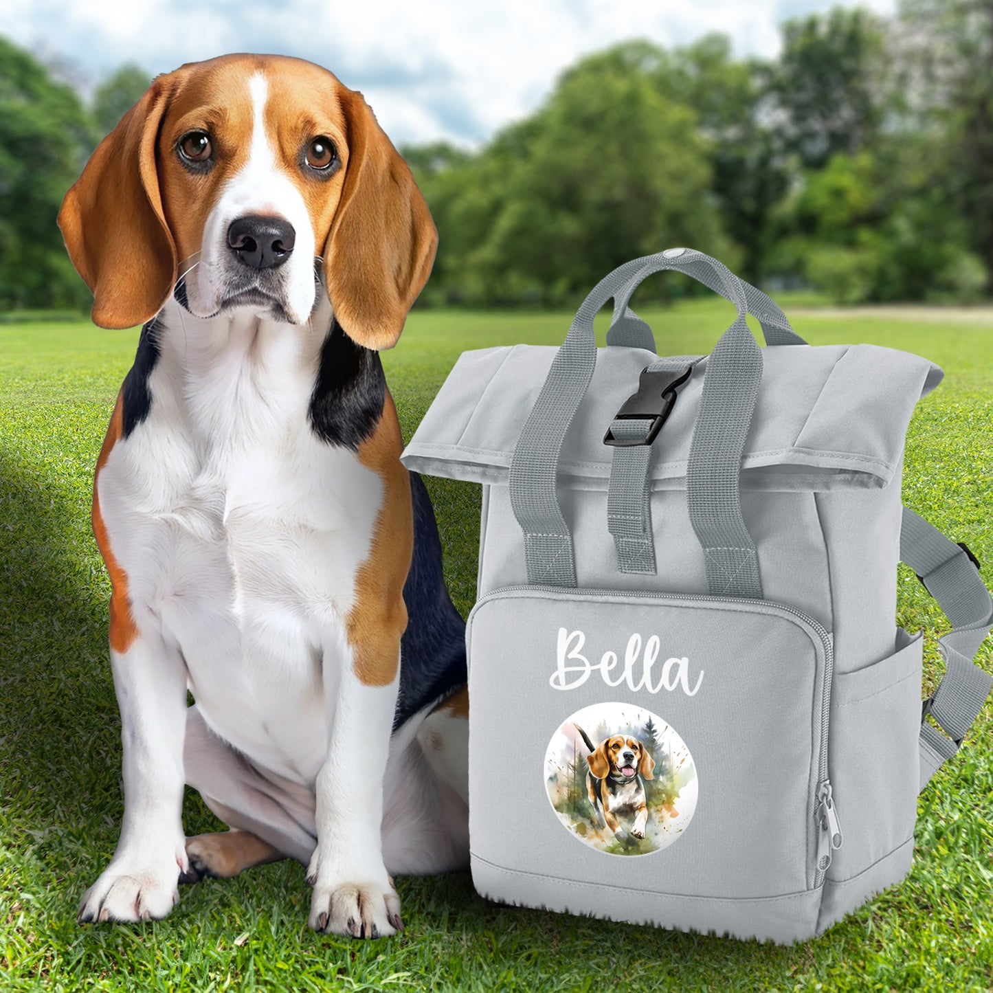 Grey Any Breed Running Woodland Dog with Personalised Name Backpack