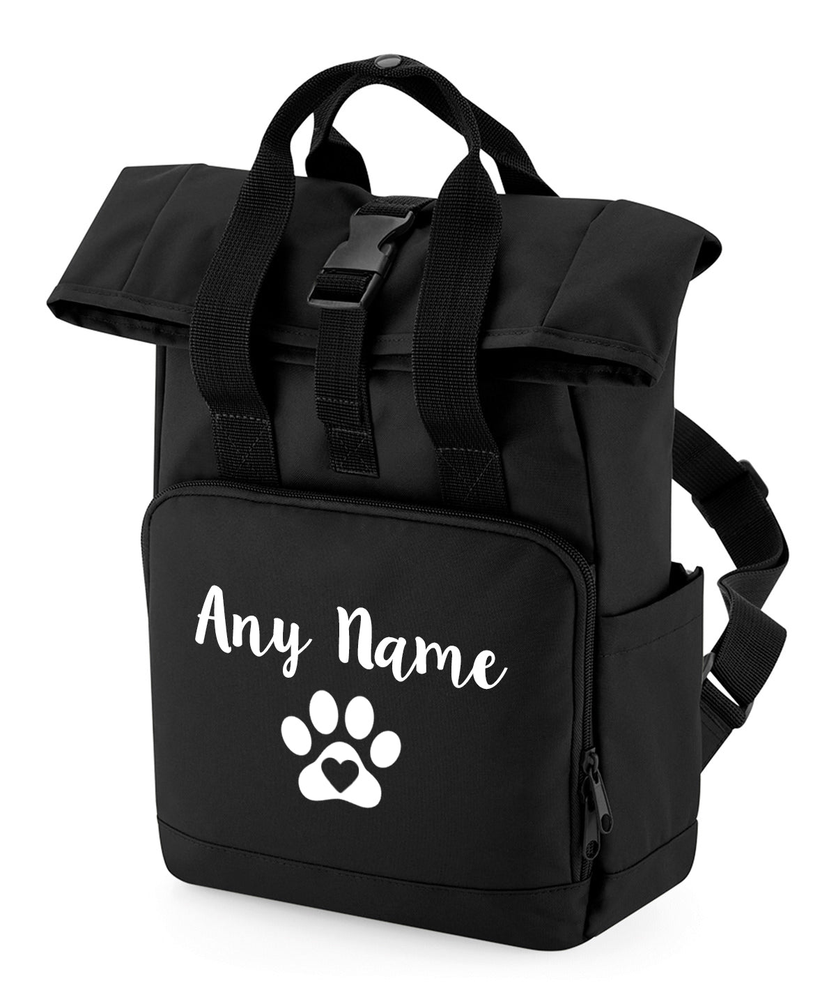 Travel Size Black Heart & Paw Backpack With Any Name Or Wording