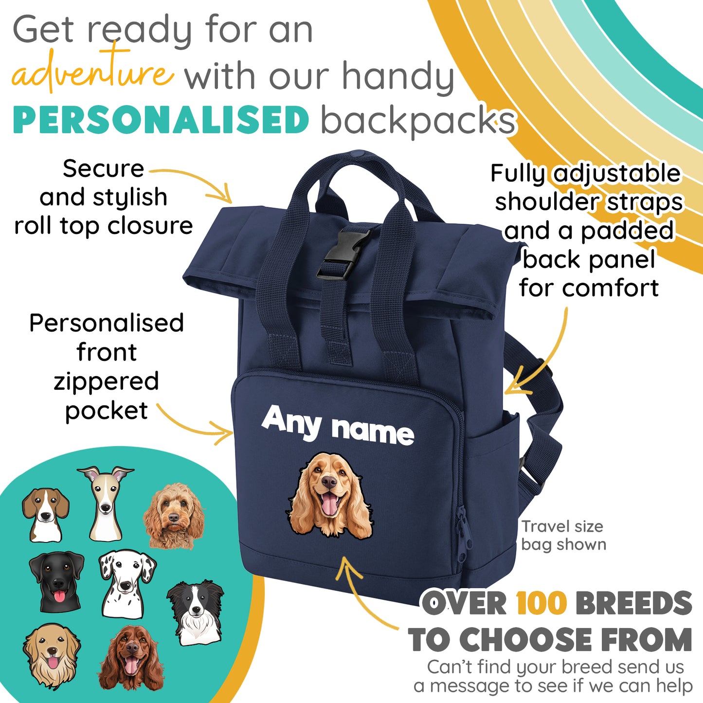 Overnighter Rucksack 14 Litres Navy Blue Any Breed Backpack With Custom Personalised Dog Name