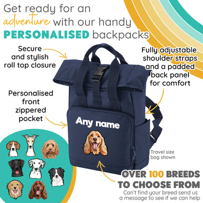 Overnighter Rucksack 14 Litres Navy Blue Any Breed Backpack With Custom Personalised Dog Name