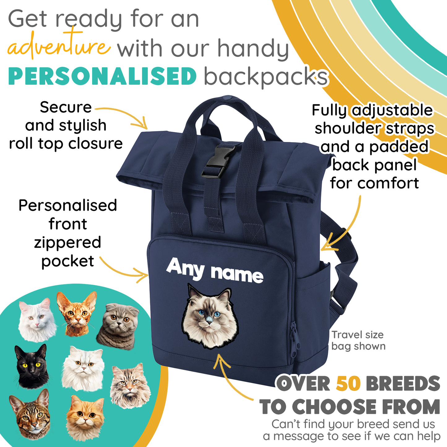 Mustard Cat Breed with Personalised Name Backpack