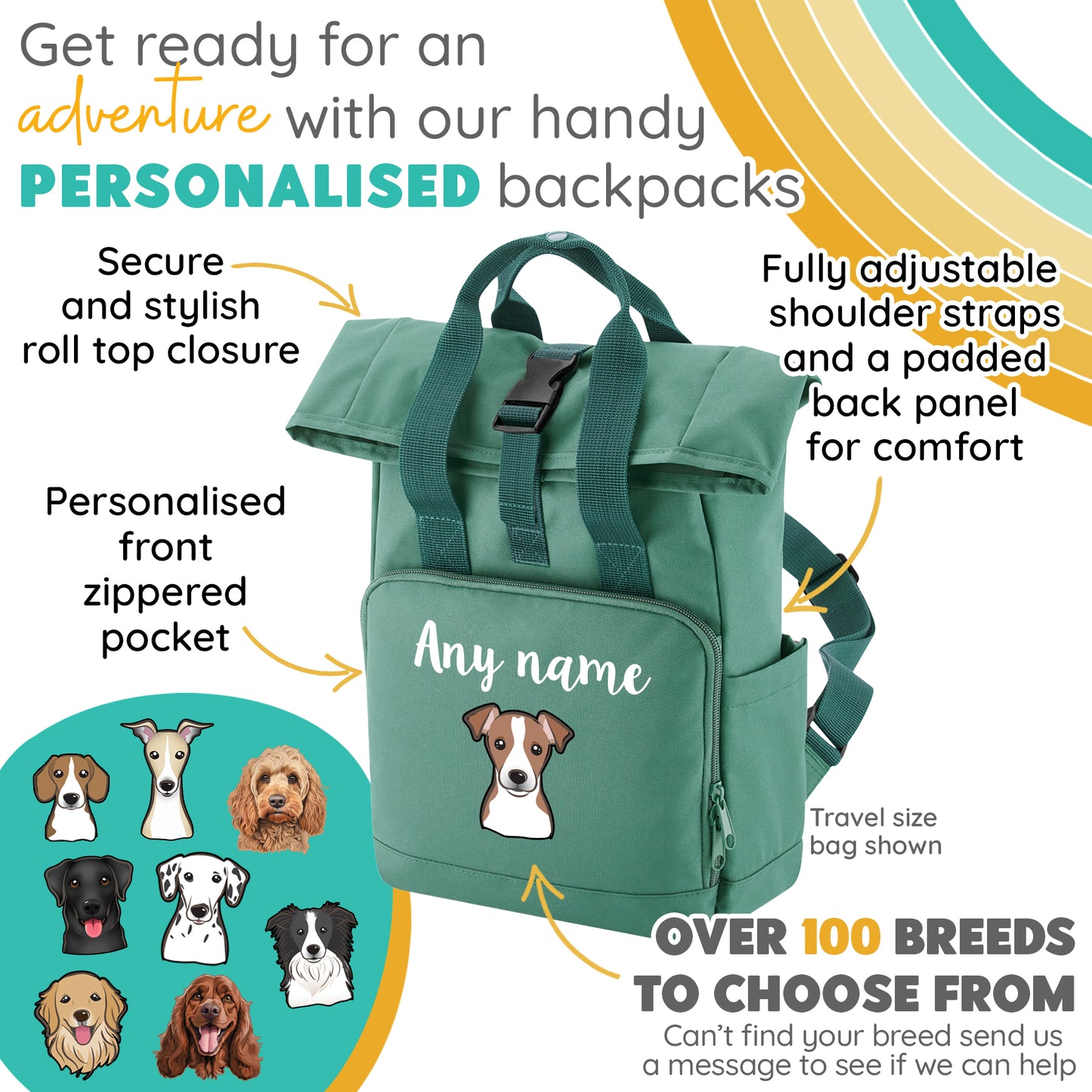 Overnighter Rucksack 14 Litres Sage Green Any Breed Backpack With Custom Personalised Dog Name