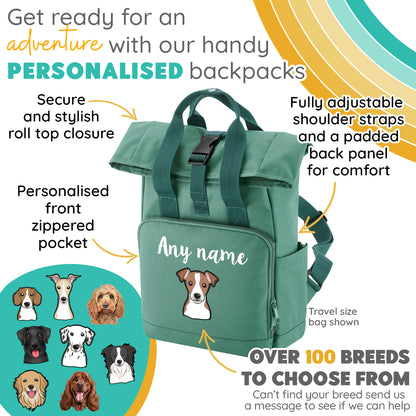 Overnighter Rucksack 14 Litres Sage Green Any Breed Backpack With Custom Personalised Dog Name