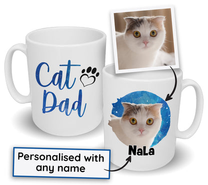 Cat Dad Mug Blue Watercolour Splash Design Dog's Name & Photo