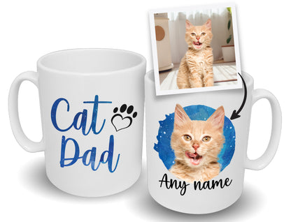 Cat Dad Mug Blue Watercolour Splash Design Dog's Name & Photo