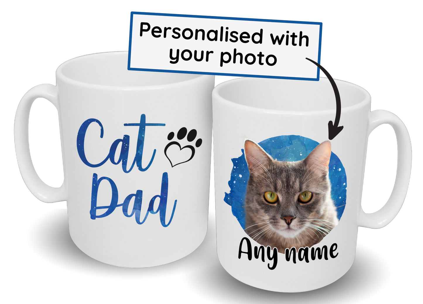 Cat Dad Mug Blue Watercolour Splash Design Dog's Name & Photo