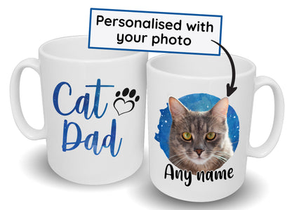 Cat Dad Mug Blue Watercolour Splash Design Dog's Name & Photo