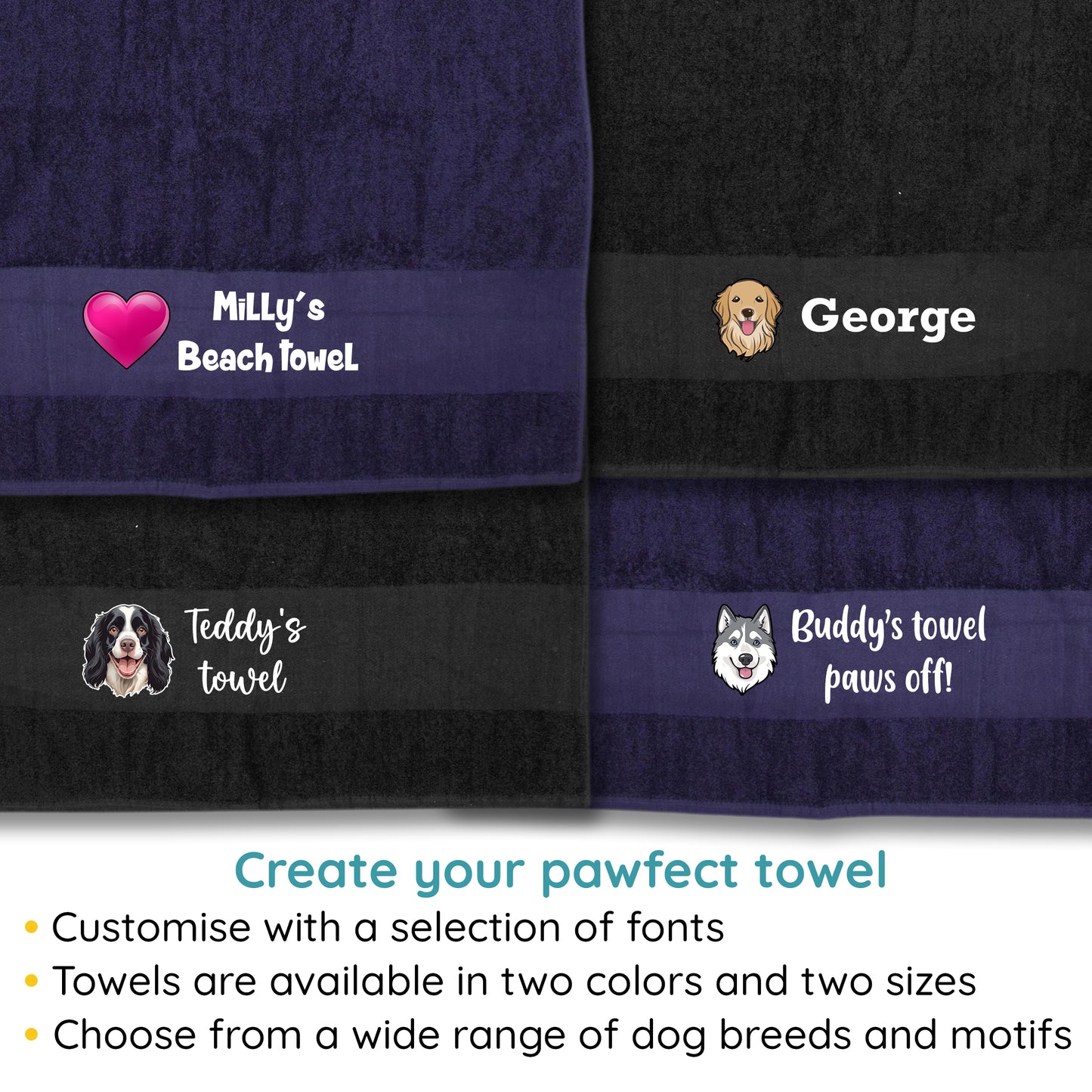 BLACK Any Pet Name And A Choice Of Dog Breed - Bath Towel