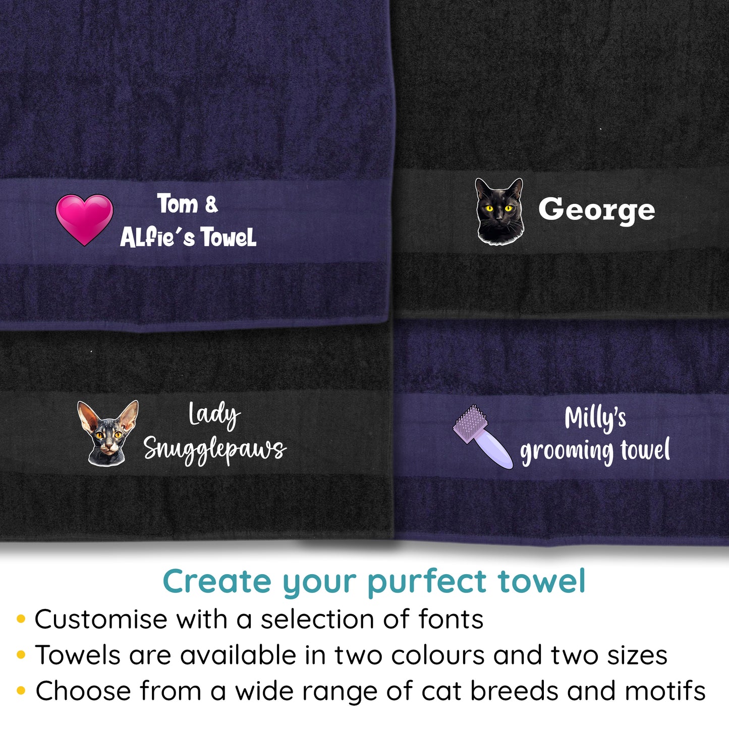 MIDNIGHT BLUE Any Pet Name And A Choice Of Cat Breed - Travel Towel