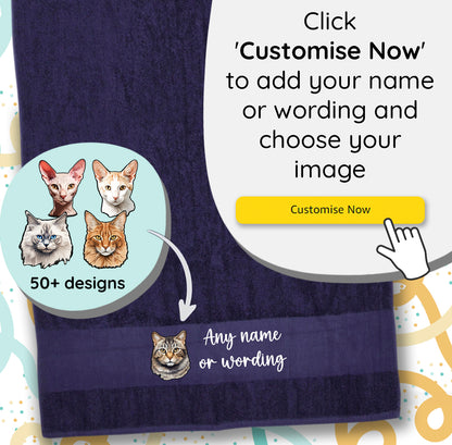 MIDNIGHT BLUE Any Pet Name And A Choice Of Cat Breed - Travel Towel