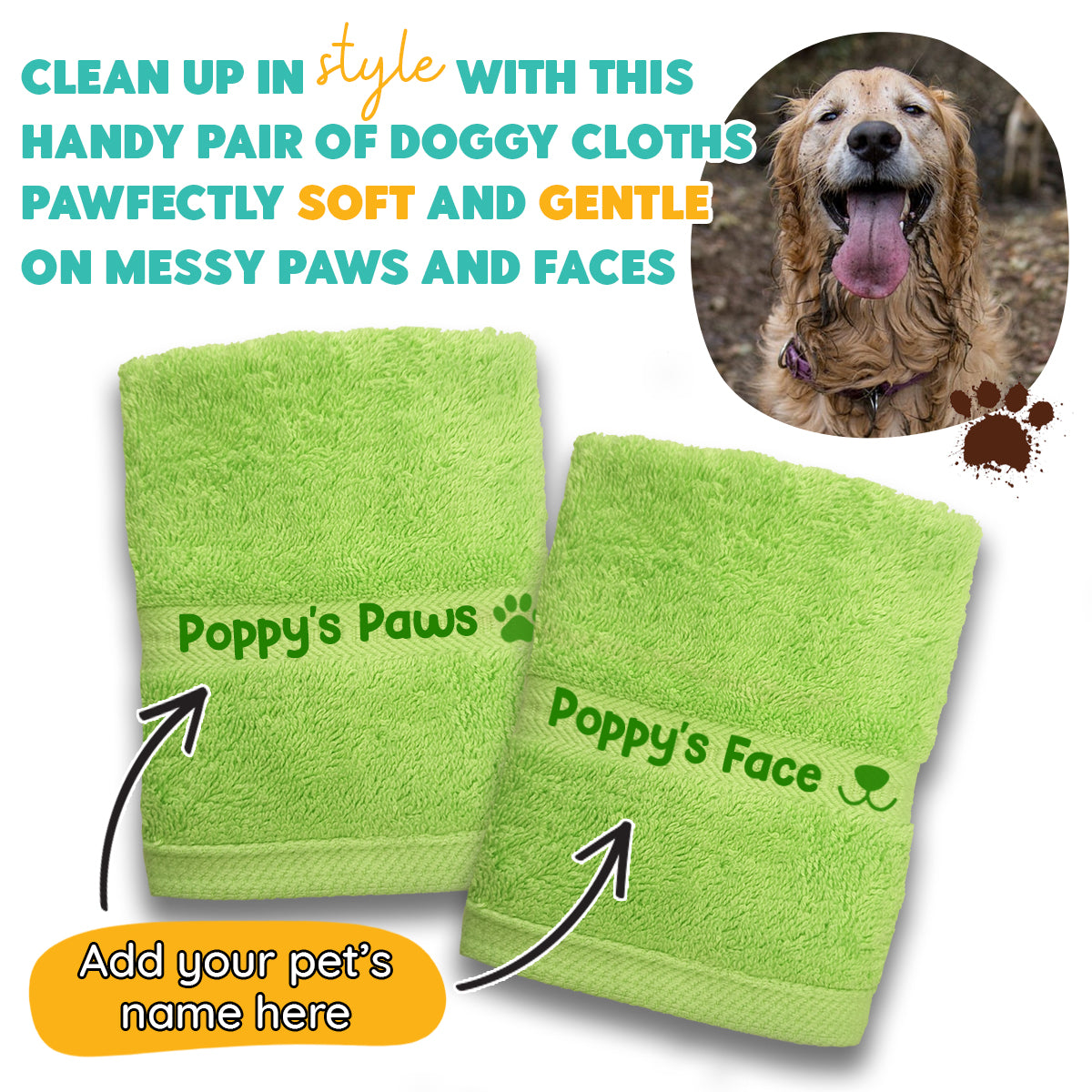 Lime Green Dog Pet Face and  Paws Wiper Towel Cloths - Any Name