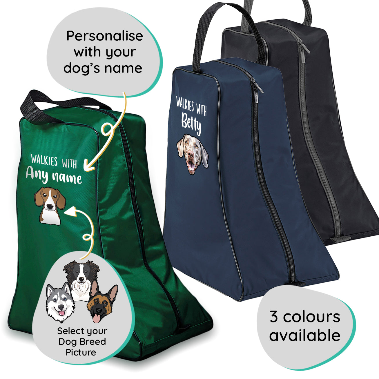 Navy Walkies with Any Dog Breed Personalised with Name Welly Boot Bag