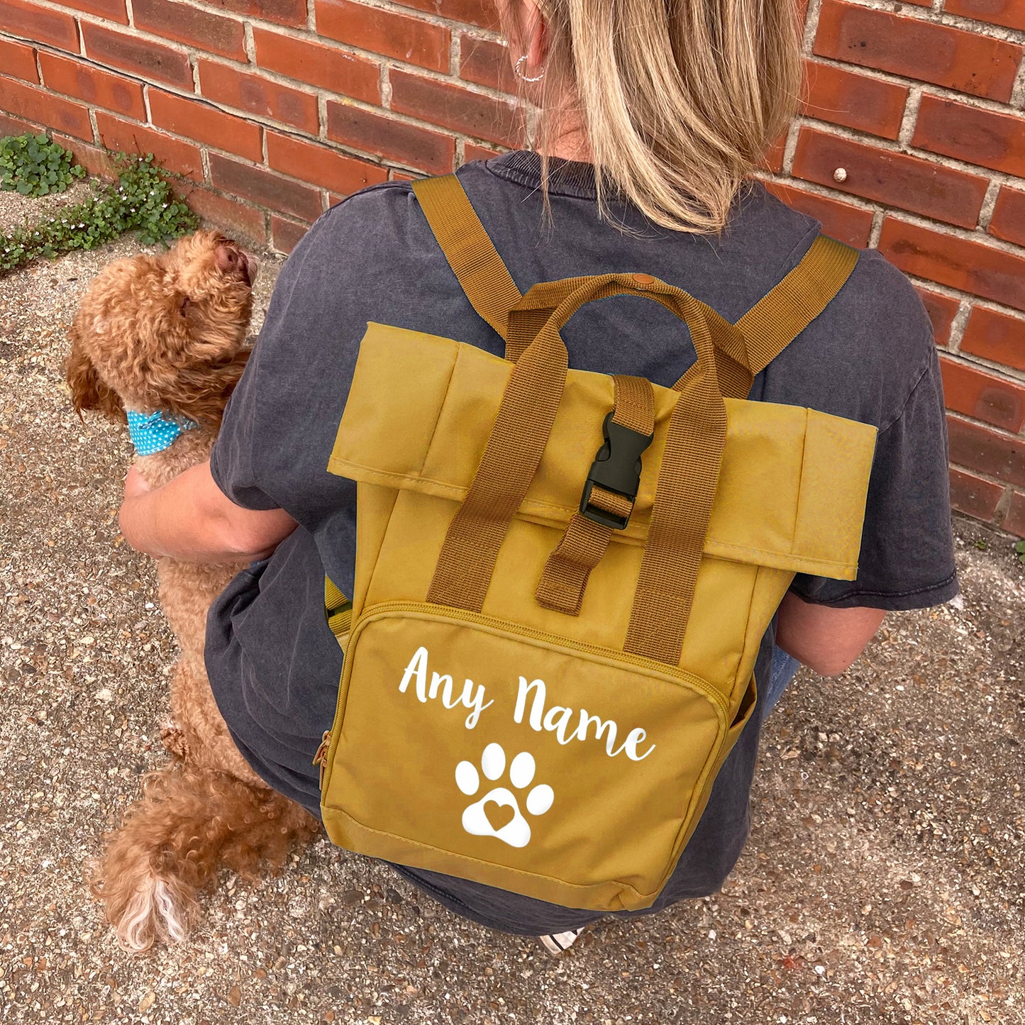 Travel Size Mustard Heart & Paw Backpack With Any Name Or Wording