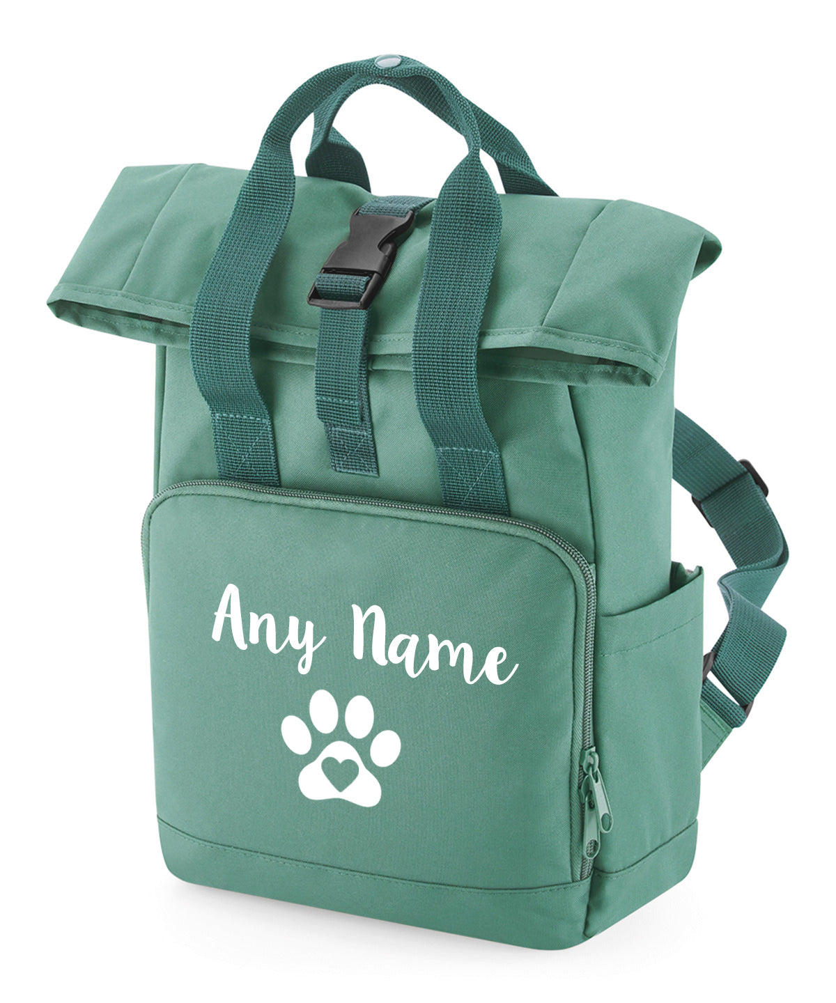 Travel Size Sage Green Heart & Paw Backpack With Any Name Or Wording