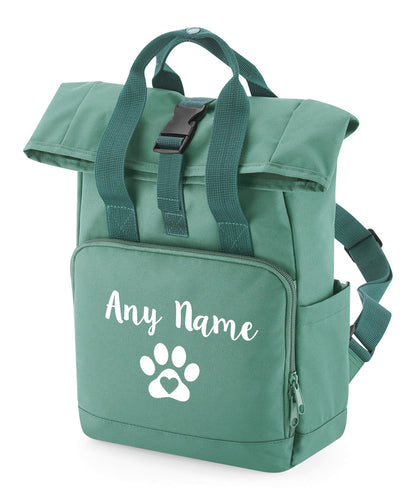 Travel Size Sage Green Heart & Paw Backpack With Any Name Or Wording