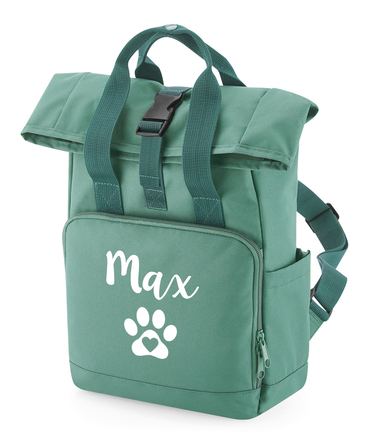 Travel Size Sage Green Heart & Paw Backpack With Any Name Or Wording