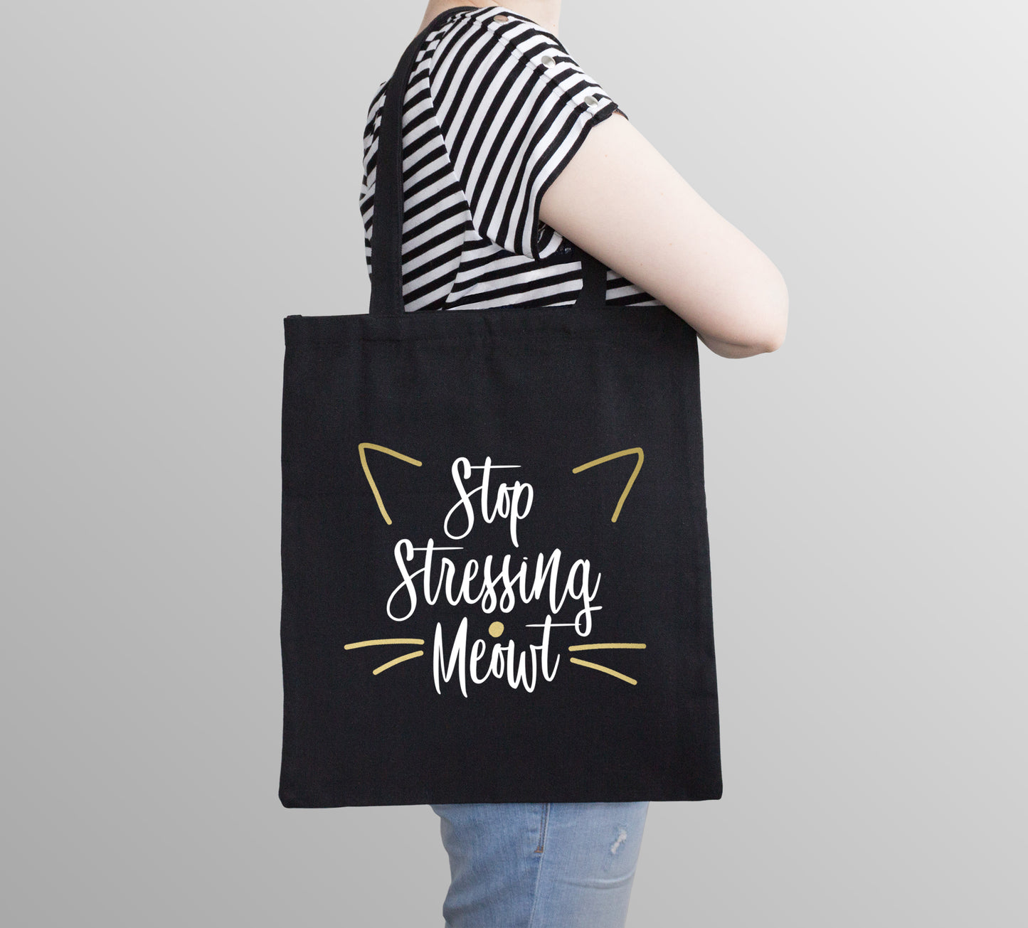 Stop Stressing Meowt Reusable Cotton Shopping Bag Tote with Long Handles