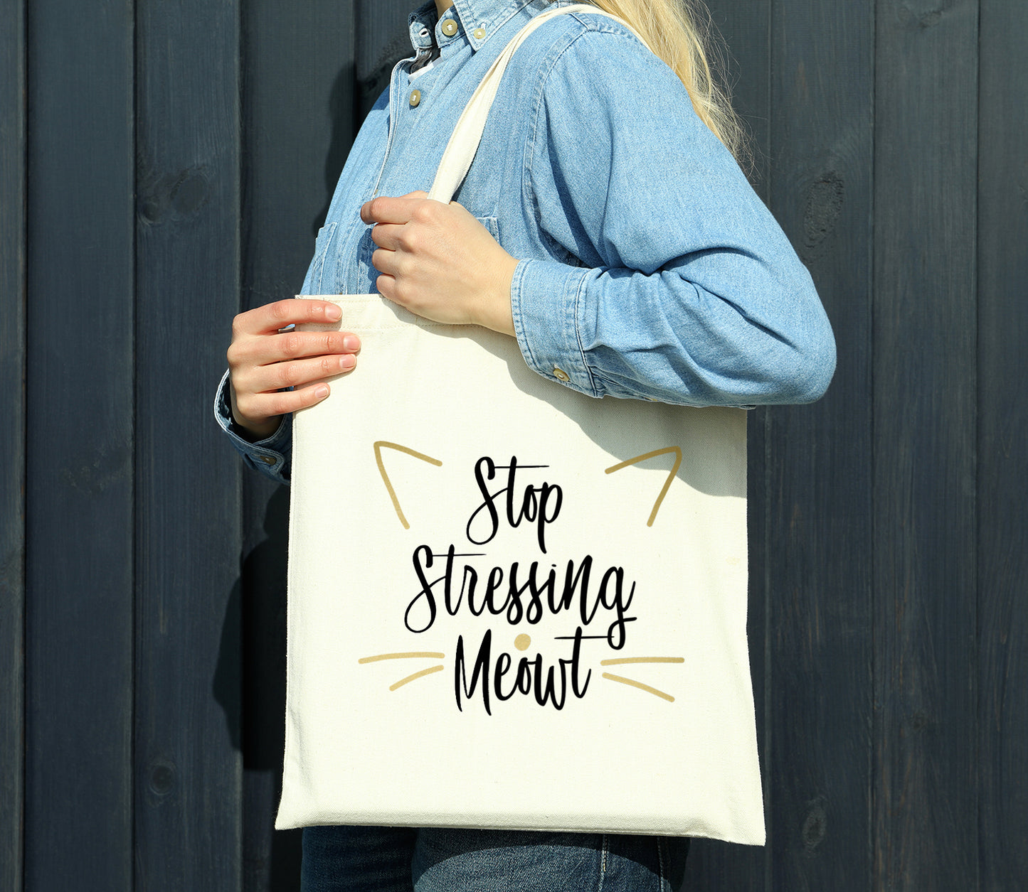 Stop Stressing Meowt Reusable Cotton Shopping Bag Tote with Long Handles