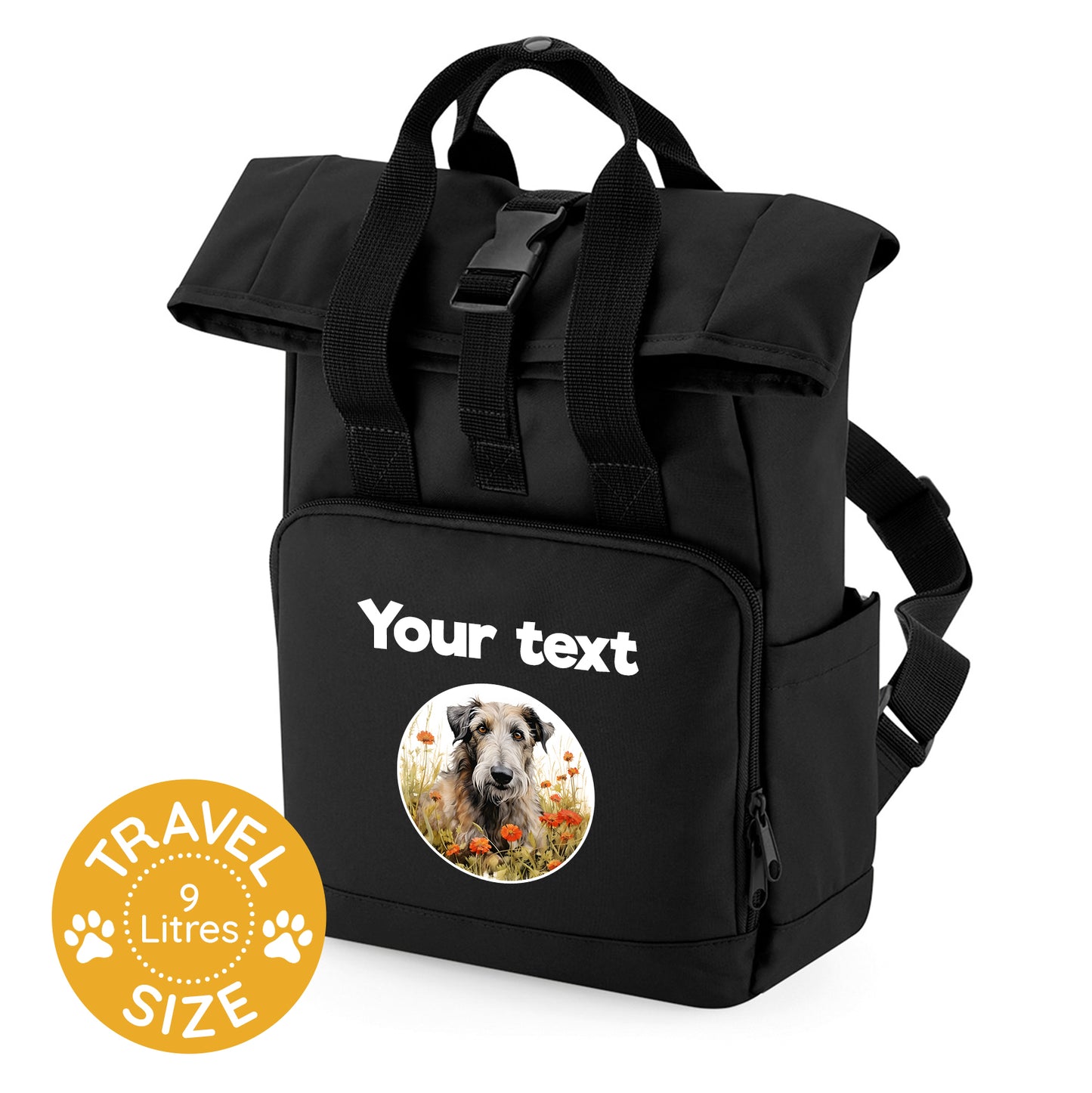 Travel Rucksack 9 Litres Black Wildflower Dog Breed Design