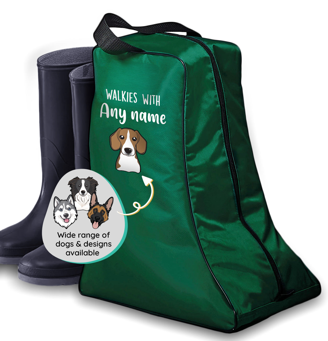 Navy Walkies with Any Dog Breed Personalised with Name Welly Boot Bag