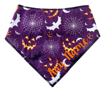 Personalised Grinning Pumpkin Bats and Cobwebs Purple Fun Halloween Design Cotton Bandana